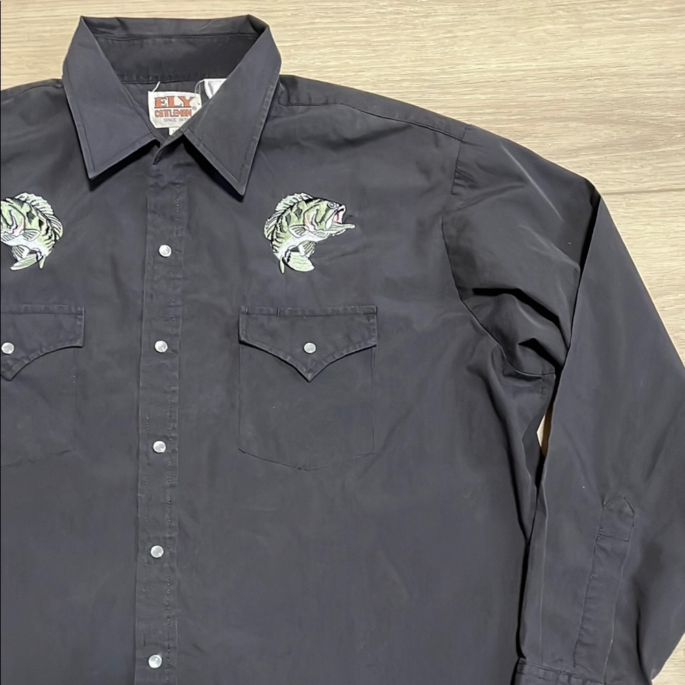 Vintage ELY Cattleman Bass Fish Men's Black Western Pearl Snap Button Down Shirt